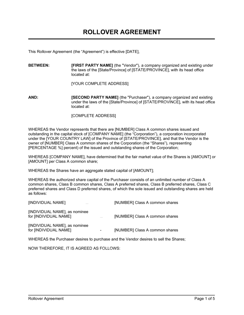 Business-in-a-Box's Rollover Agreement Values Shares with Election Clause Template