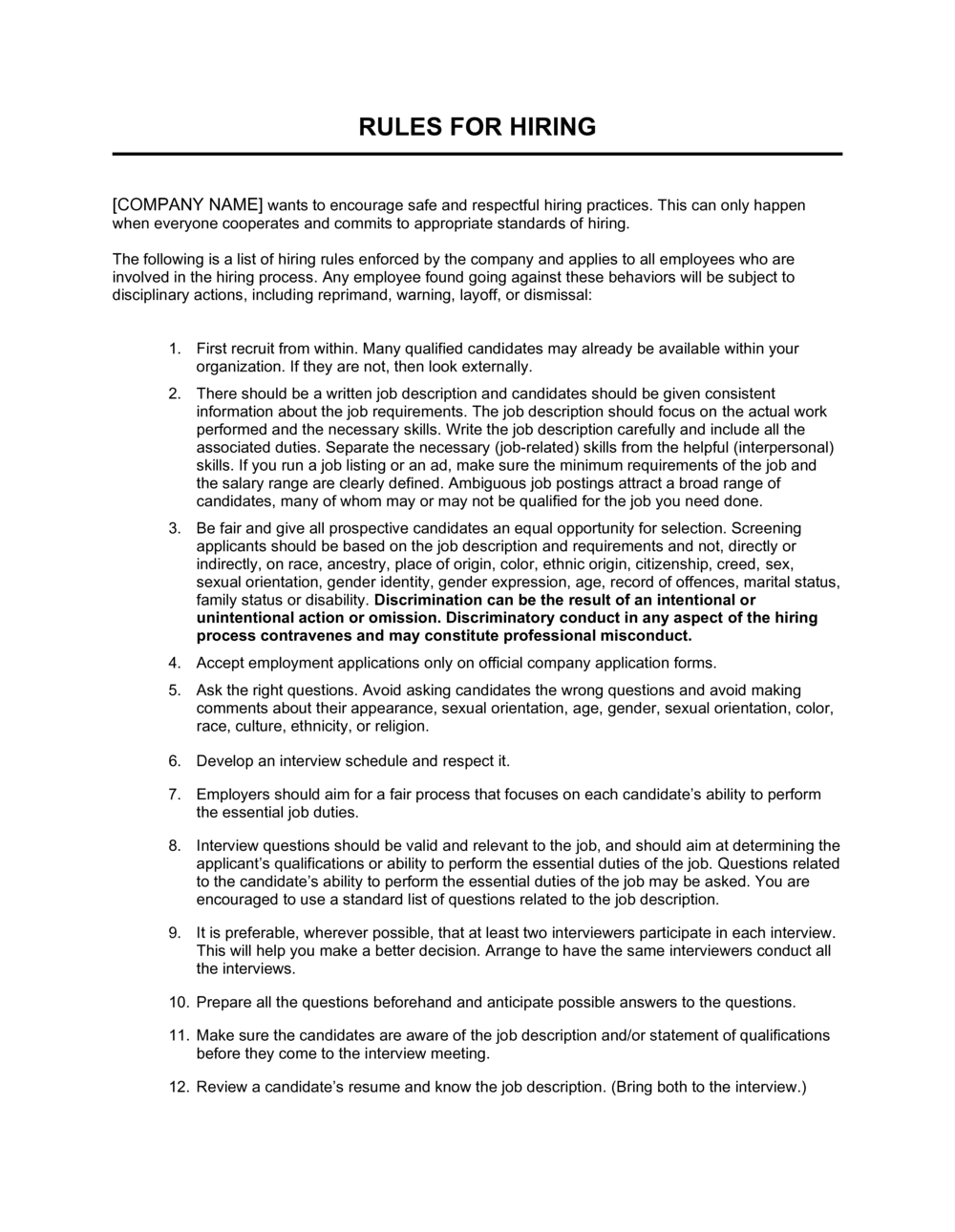 Business-in-a-Box's Rules For Hiring Template