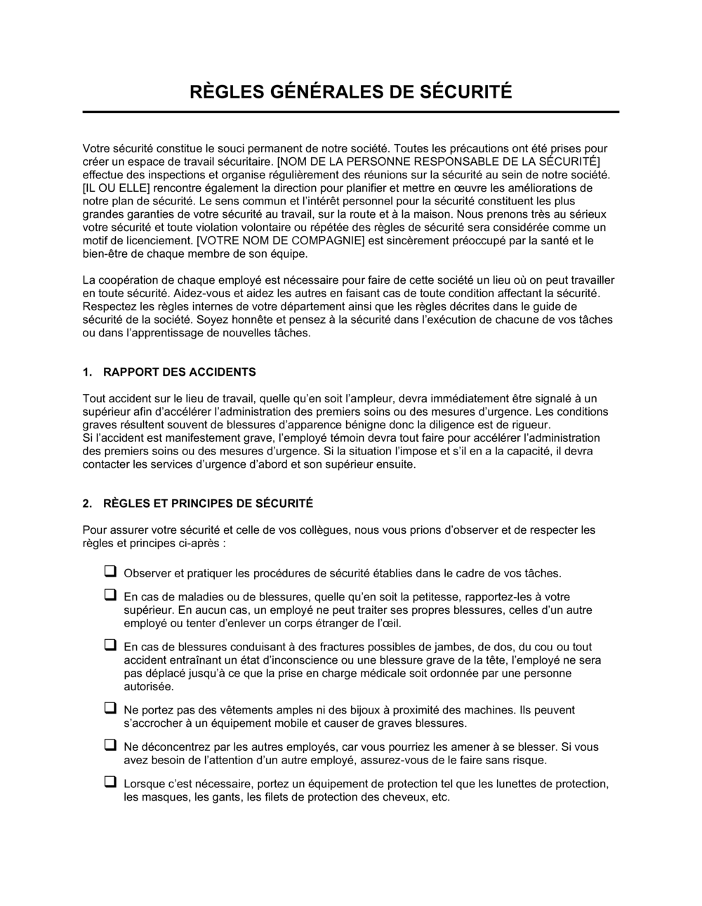 Business-in-a-Box's Règles générales de sécurité