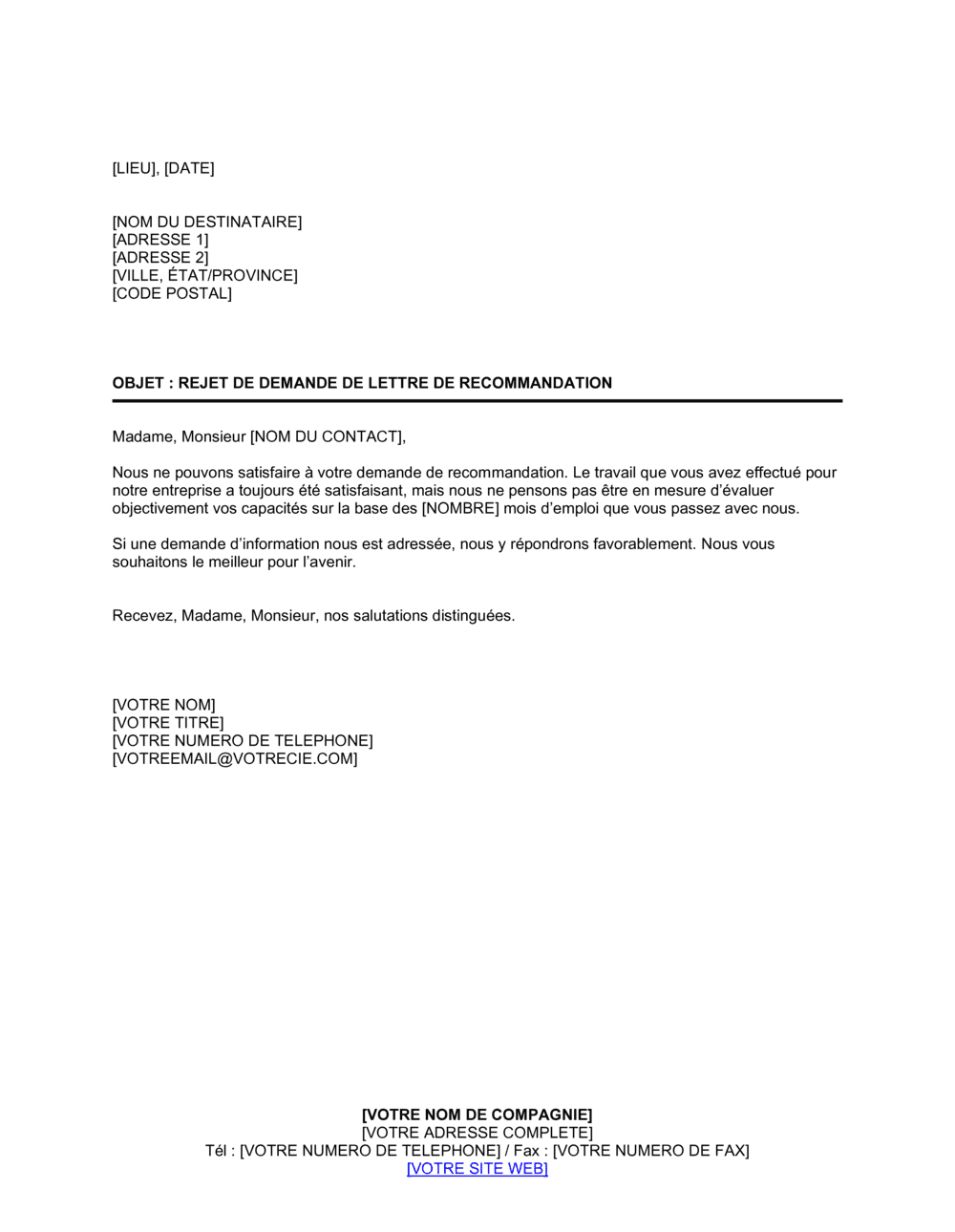 Business-in-a-Box's Réponse négative à une demande de recommandation