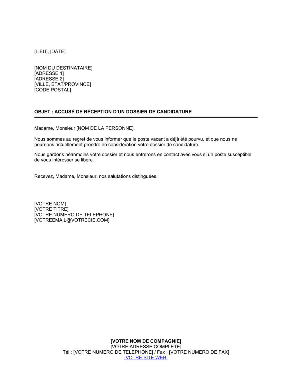 Business-in-a-Box's Réponse à une candidature spontanée Poste déjà occupé