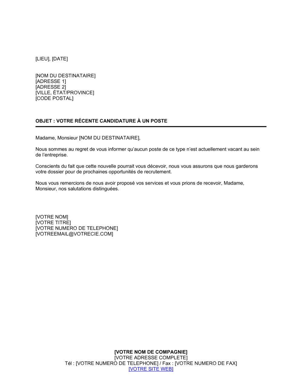 Business-in-a-Box's Réponse à une candidature spontanée Poste non vacant