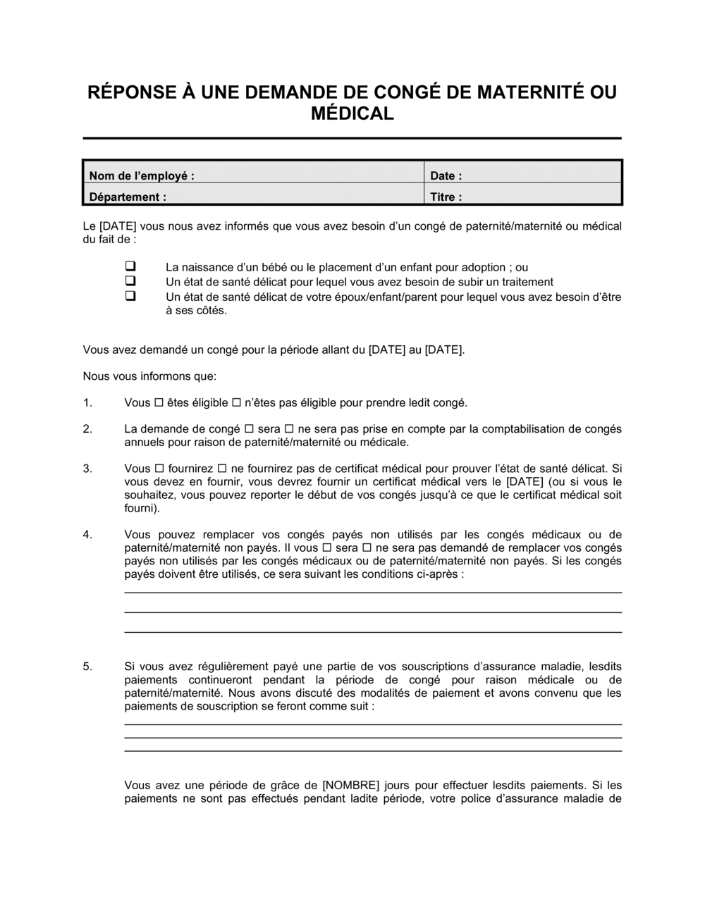 Business-in-a-Box's Réponse à une demande de congé de maternité