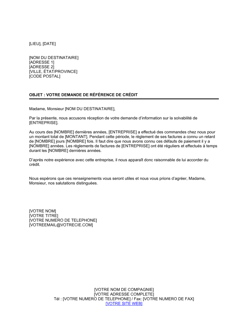Business-in-a-Box's Réponse à une demande de référence de crédit