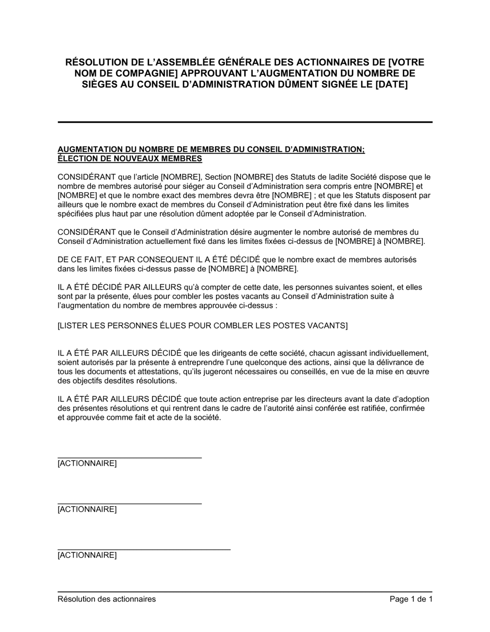 Business-in-a-Box's Résolution des actionnaires approuvant plus de sièges au CA