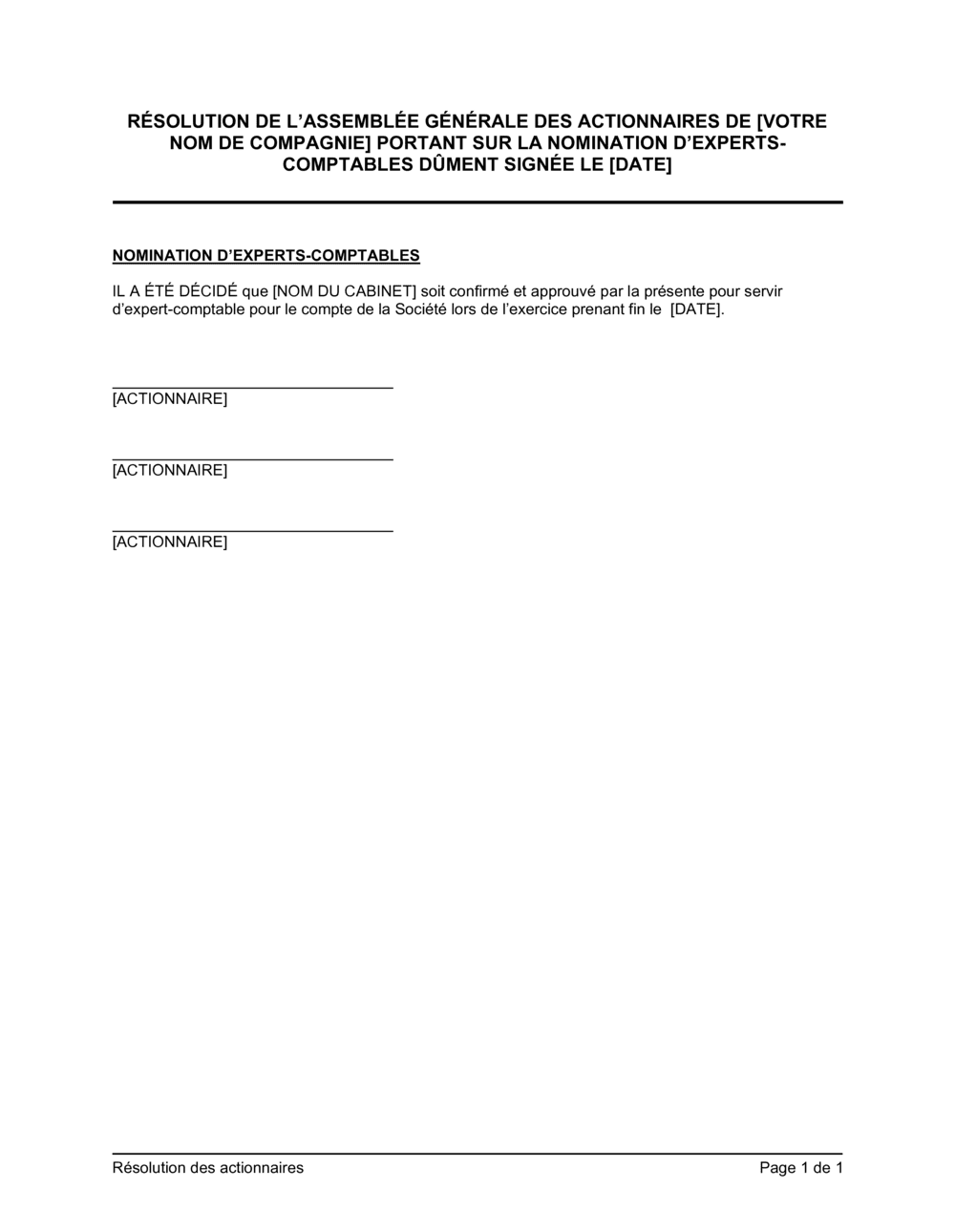 Business-in-a-Box's Résolution des actionnaires sur la nomination d'experts-comptables