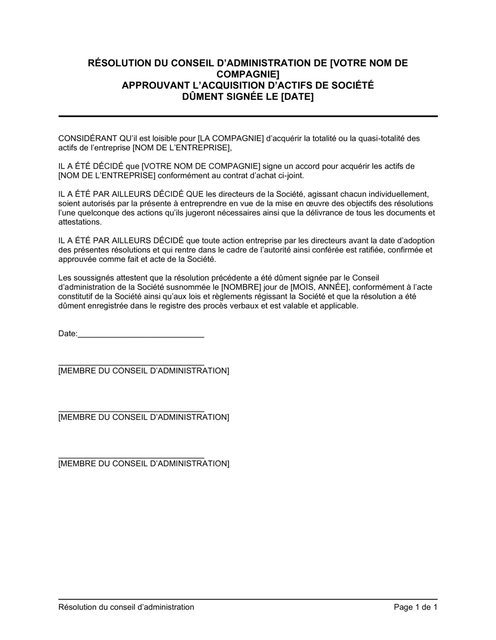Business-in-a-Box's Résolution du CA approuvant l'acquisition d'actifs