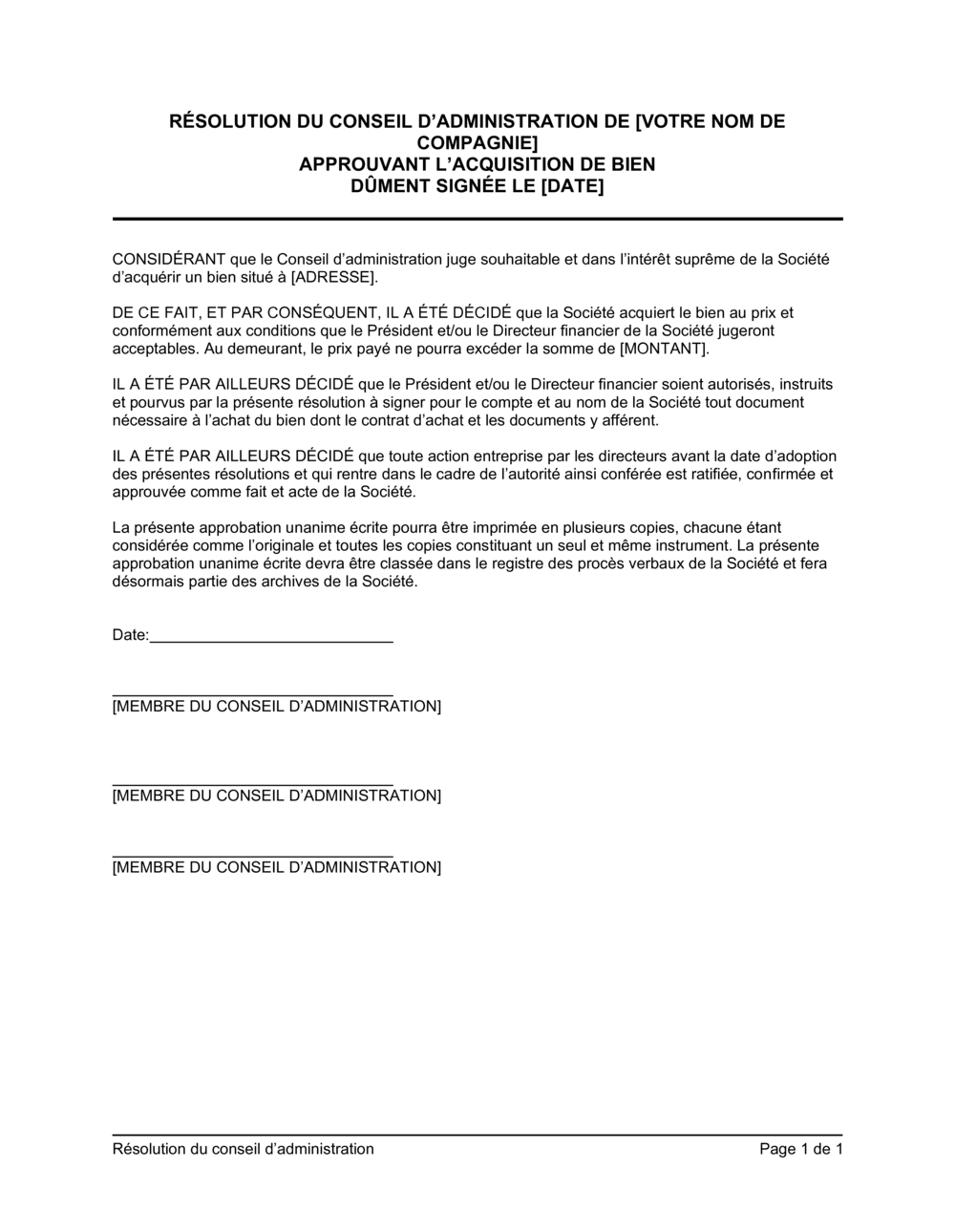 Business-in-a-Box's Résolution du CA approuvant l'acquisition de bien