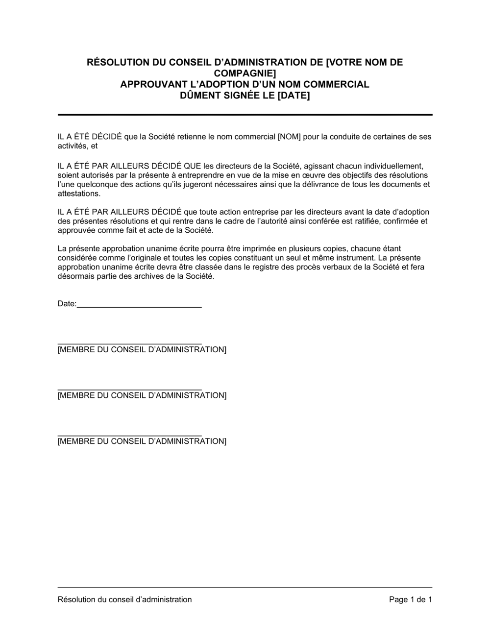 Business-in-a-Box's Résolution du CA approuvant l'adoption d'un nom commercial