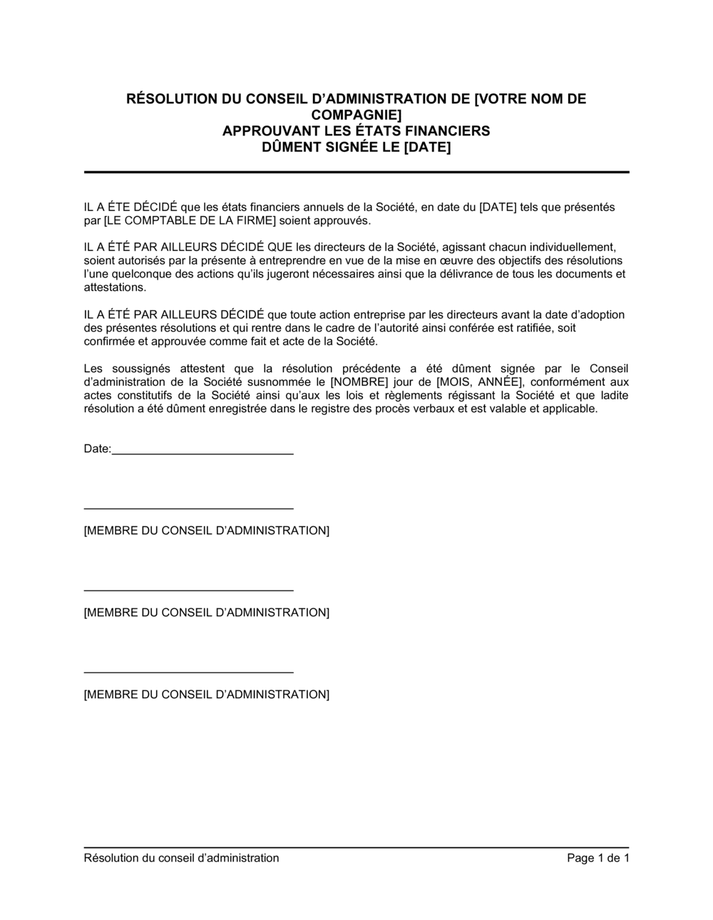 Business-in-a-Box's Résolution du CA approuvant l'adoption des états financiers