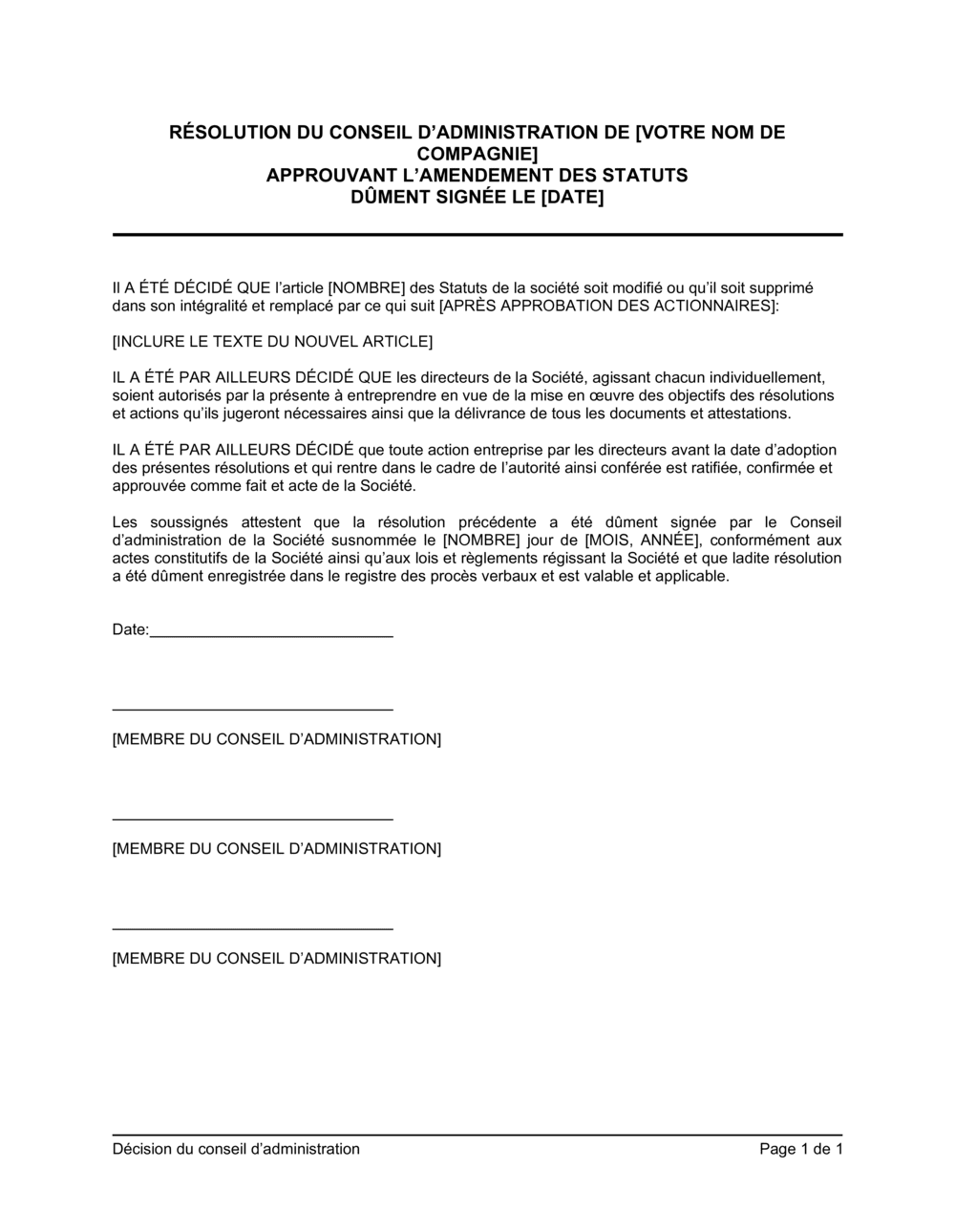 Business-in-a-Box's Résolution du CA approuvant l'amendement des statuts