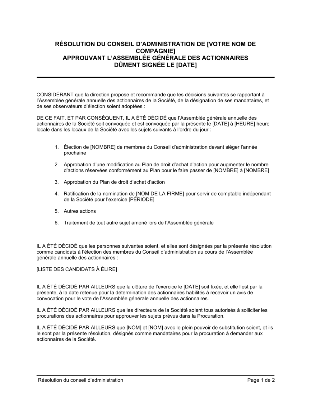 Business-in-a-Box's Résolution du CA approuvant l'assemblée générale