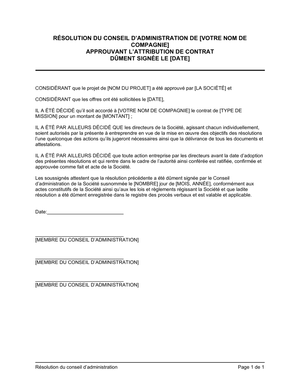 Business-in-a-Box's Résolution du CA approuvant l'attribution de contrat