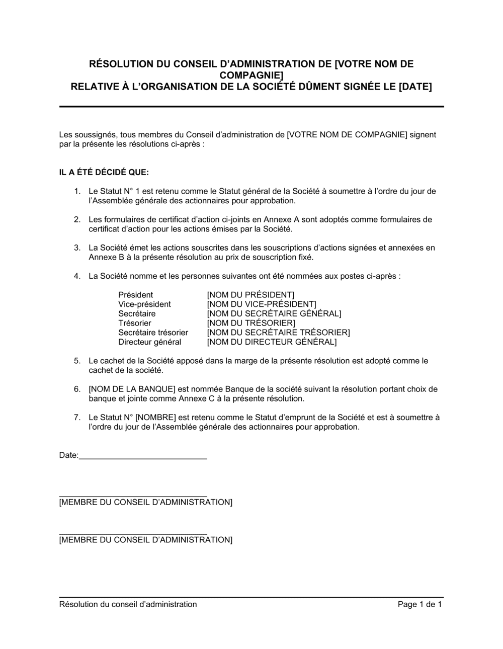 Business-in-a-Box's Résolution du CA approuvant l'organisation de la société