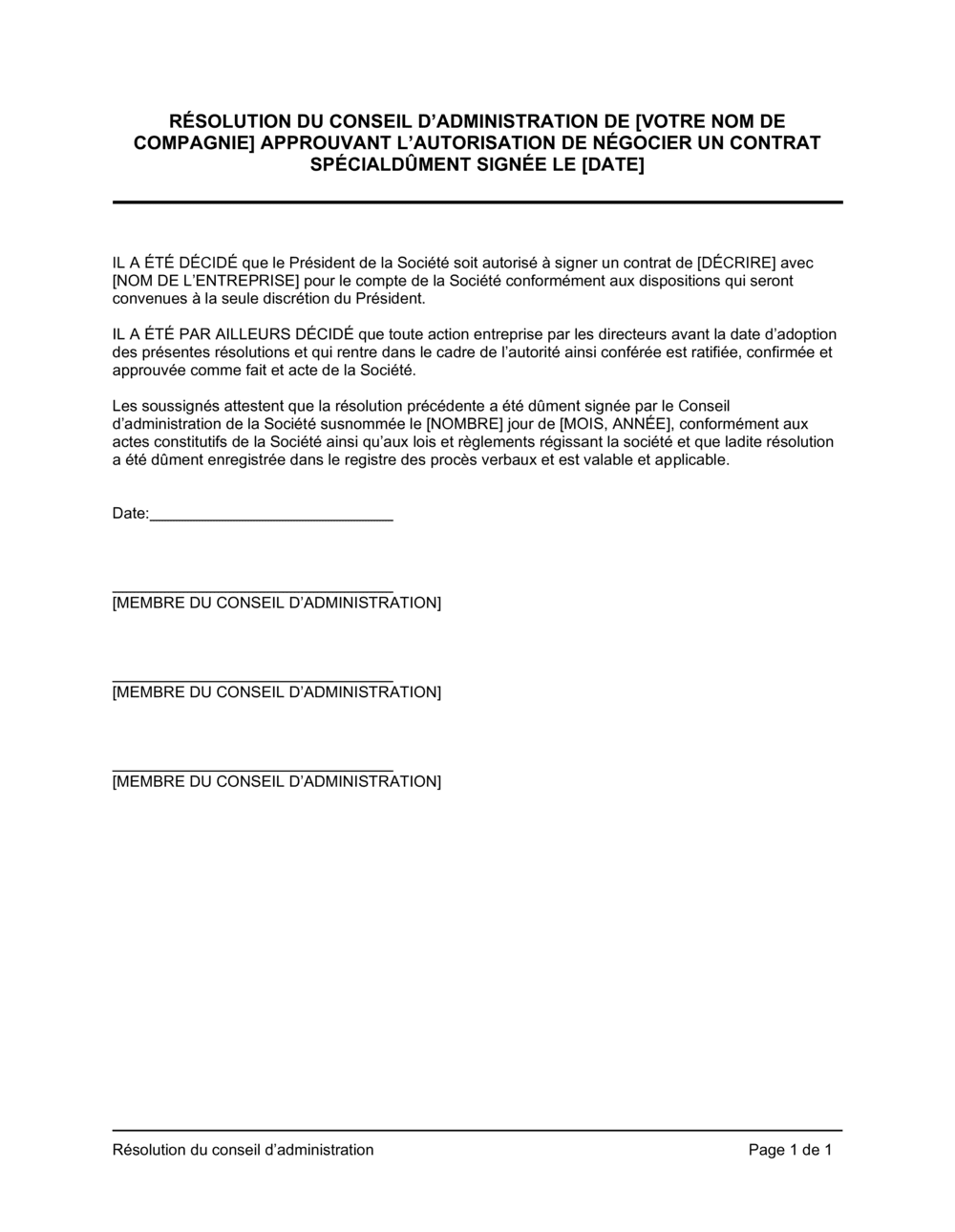 Business-in-a-Box's Résolution du CA approuvant la négociation d'un contrat spécial