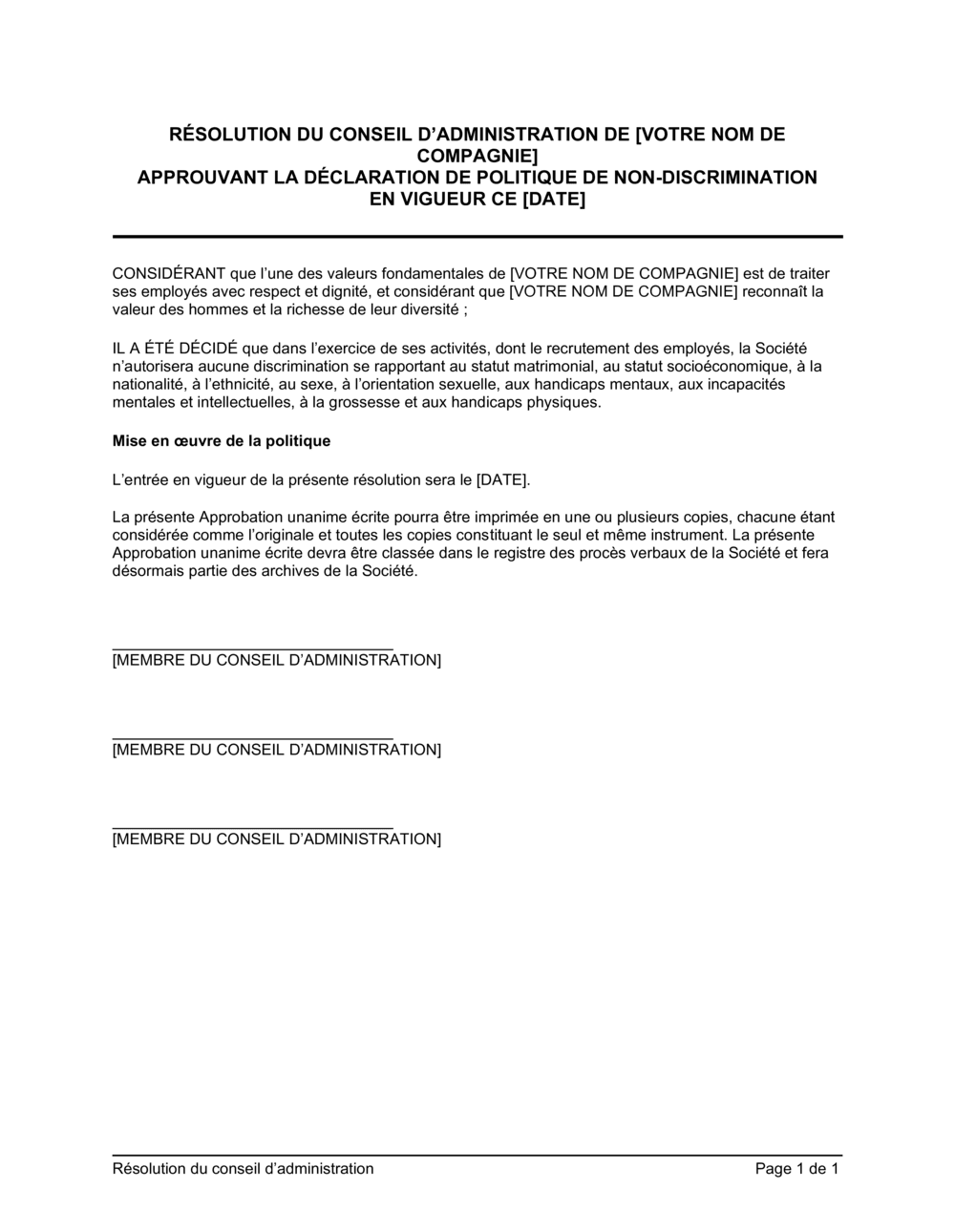 Business-in-a-Box's Résolution du CA approuvant la politique de non-discrimination