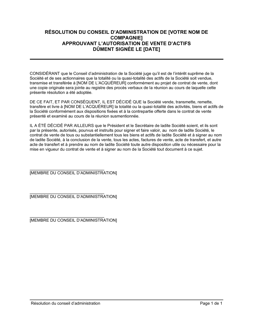 Business-in-a-Box's Résolution du CA approuvant la vente d'actifs