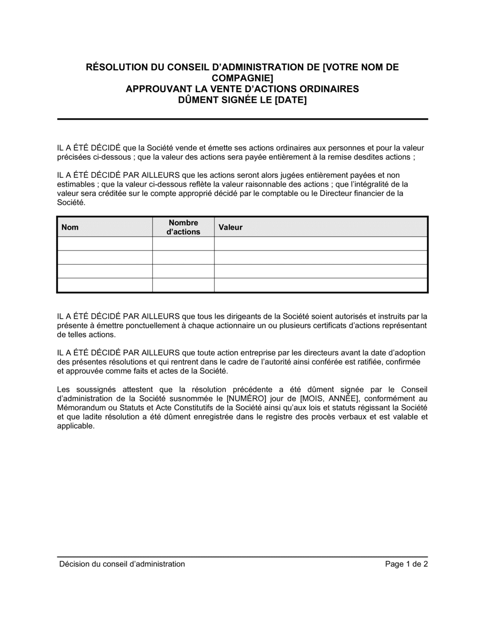 Business-in-a-Box's Résolution du CA approuvant la vente d'actions