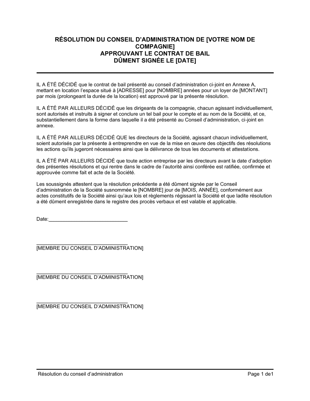 Business-in-a-Box's Résolution du CA approuvant le bail