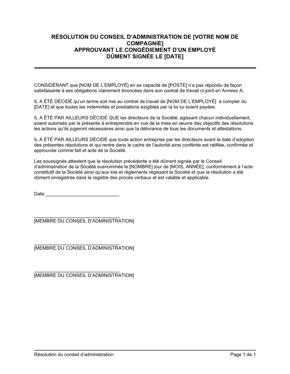 Business-in-a-Box's Résolution du CA approuvant un congédiement