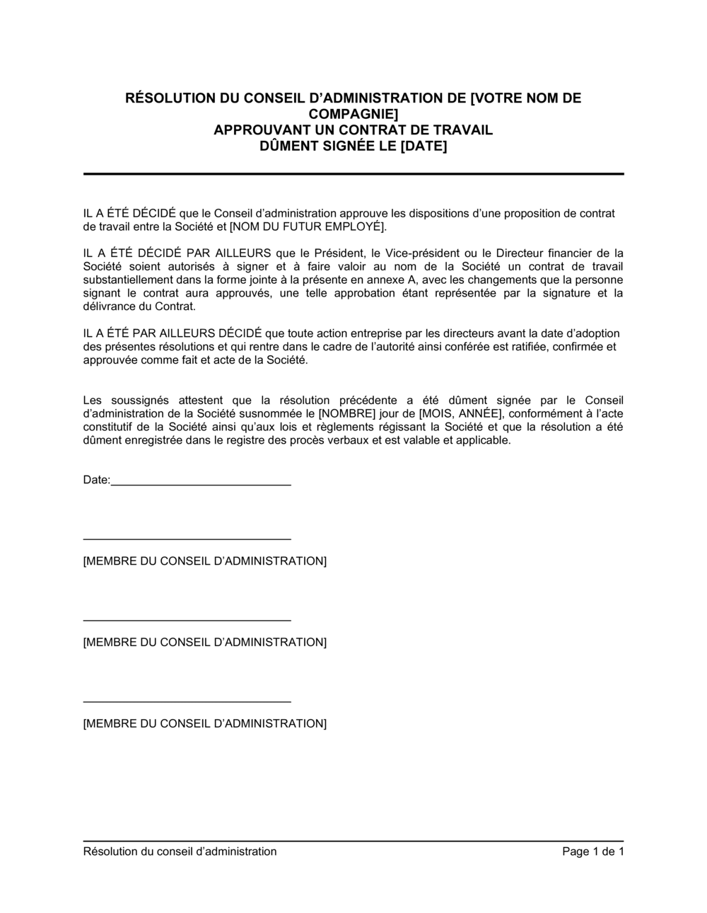Business-in-a-Box's Résolution du CA approuvant un contrat de travail