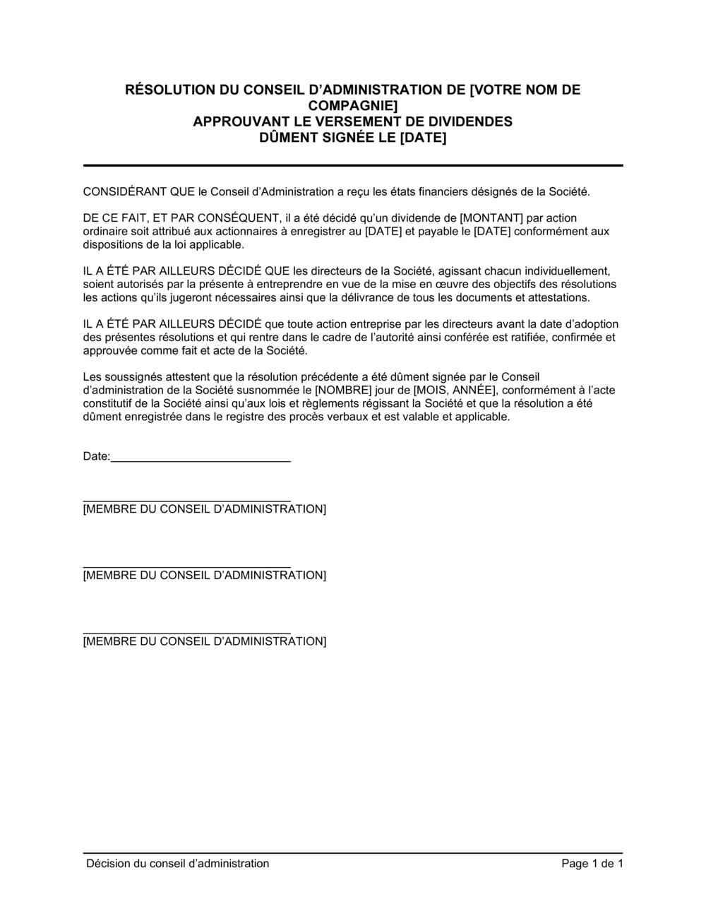Business-in-a-Box's Résolution du CA approuvant un dividende