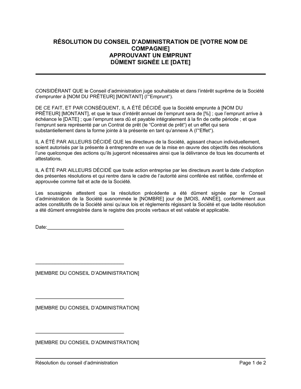 Business-in-a-Box's Résolution du CA approuvant un emprunt