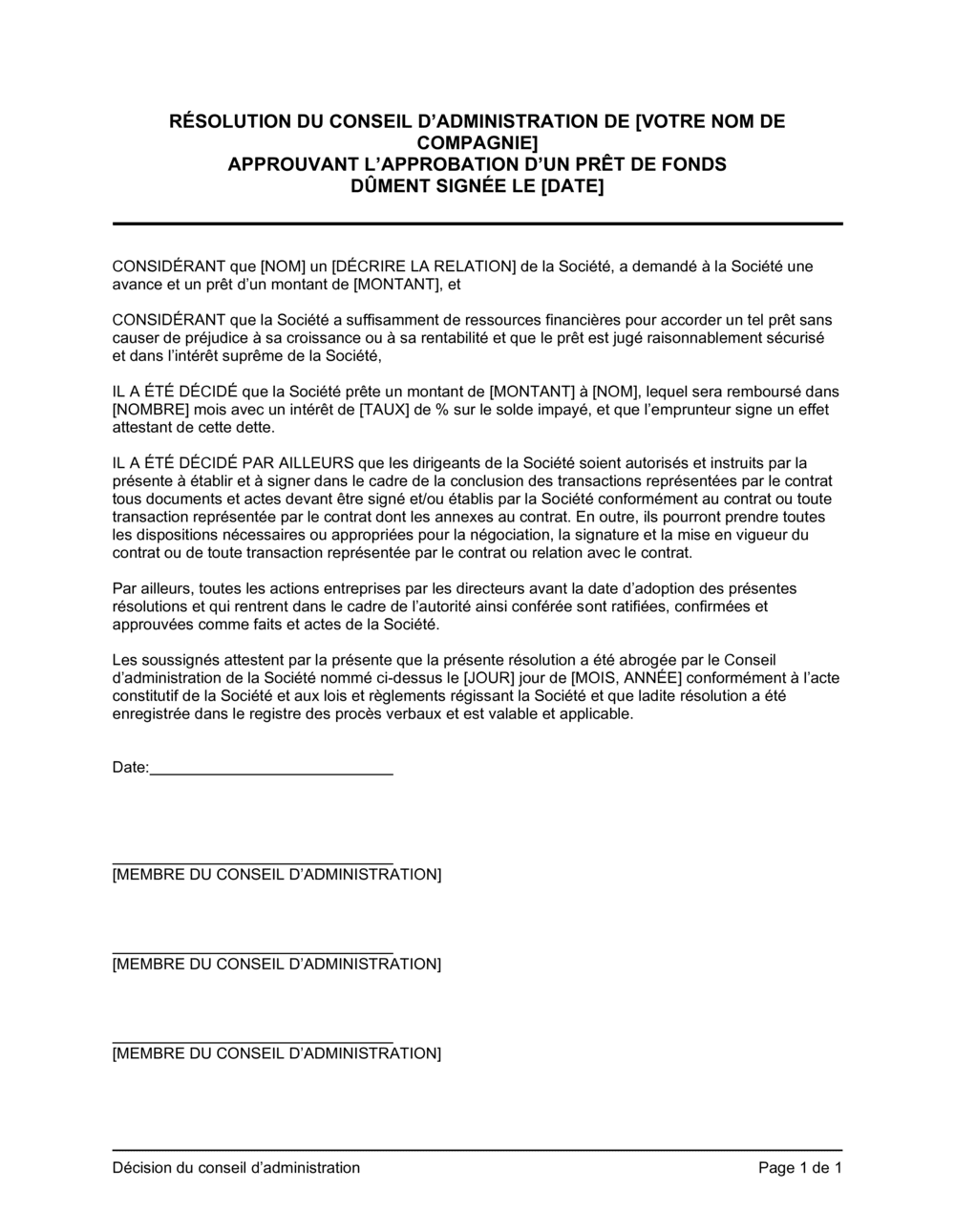 Business-in-a-Box's Résolution du CA approuvant un prêt