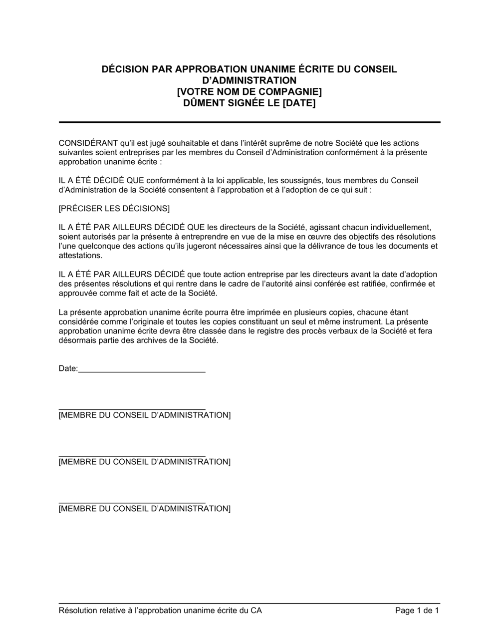 Business-in-a-Box's Résolution du CA par approbation unanime écrite
