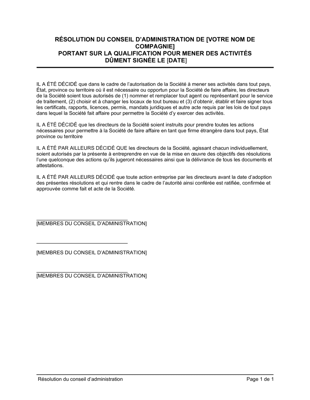 Business-in-a-Box's Résolution du CA portant autorisation de conduite d'activité