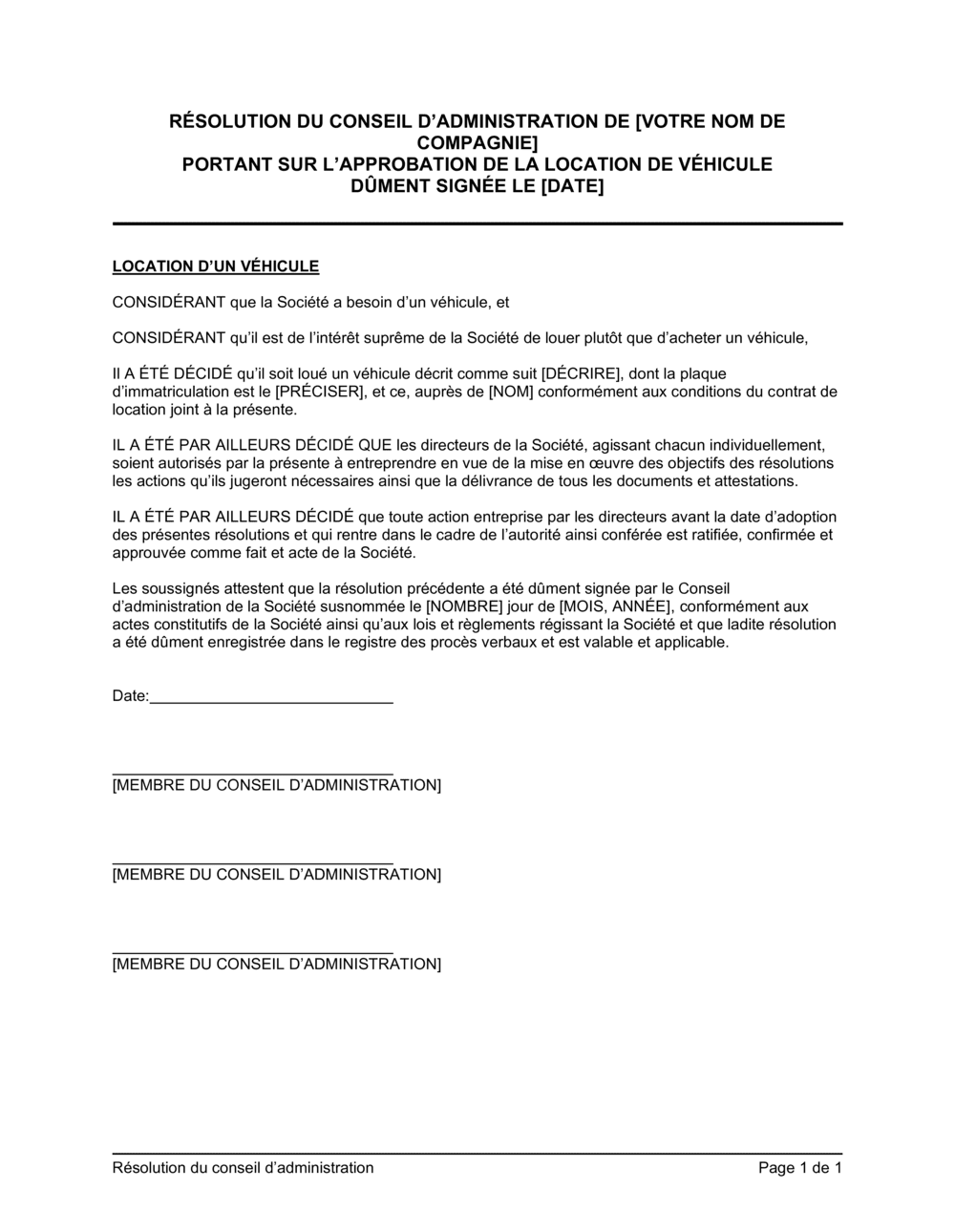 Business-in-a-Box's Résolution du CA portant autorisation de location de véhicule