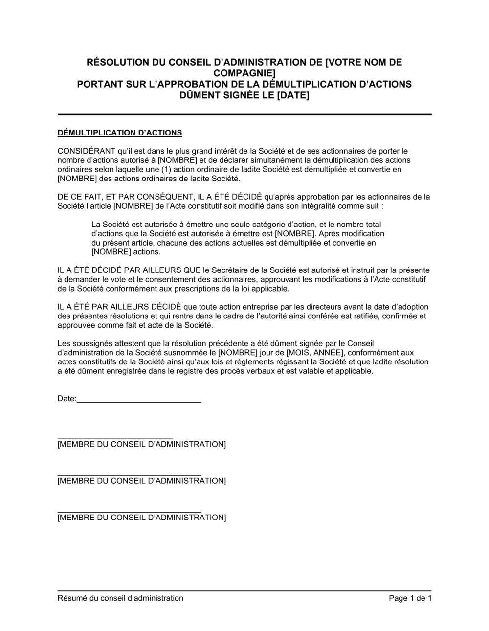 Business-in-a-Box's Résolution du CA portant démultiplication des actions