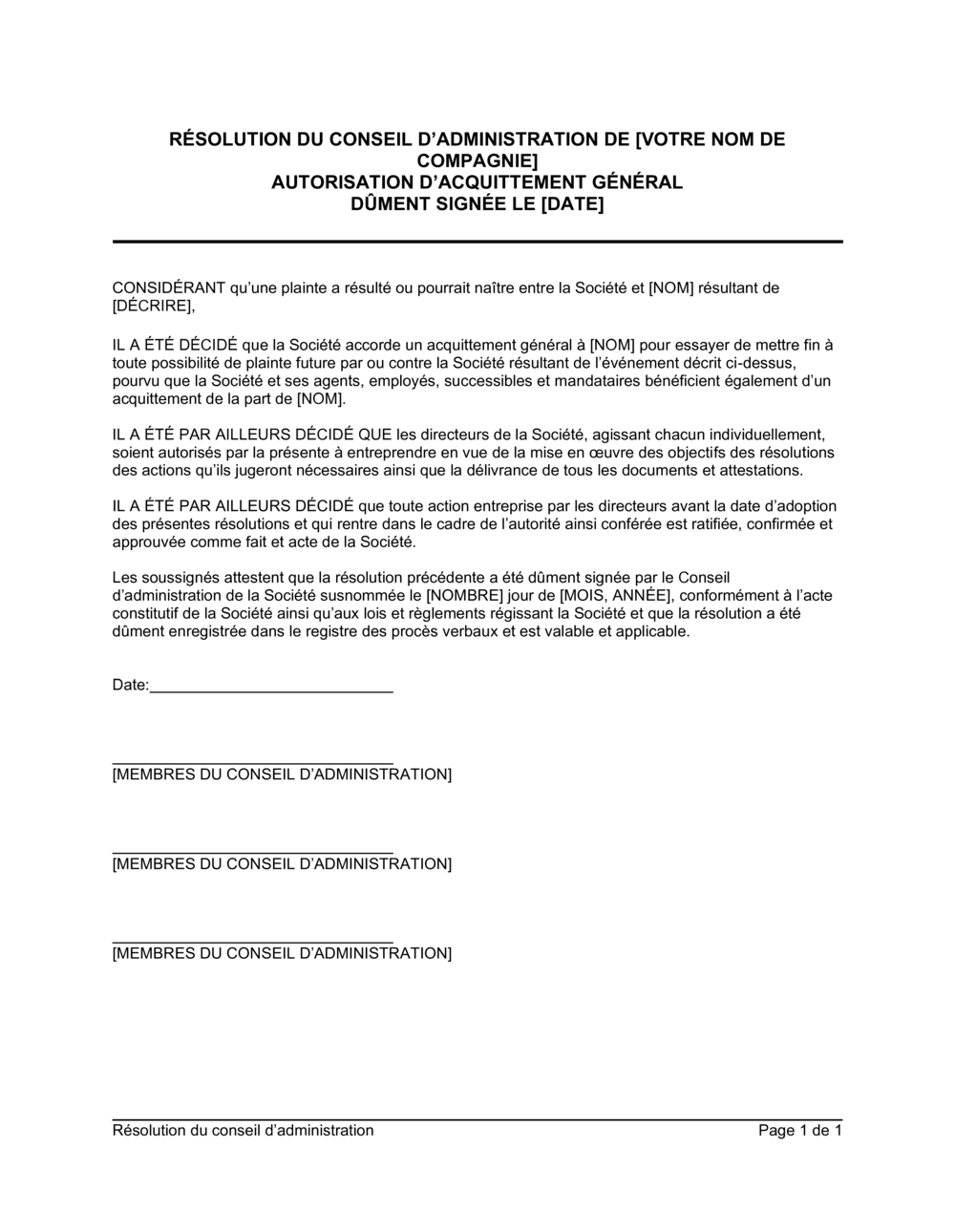 Business-in-a-Box's Résolution du CA portant sur autorisation d'acquittement général