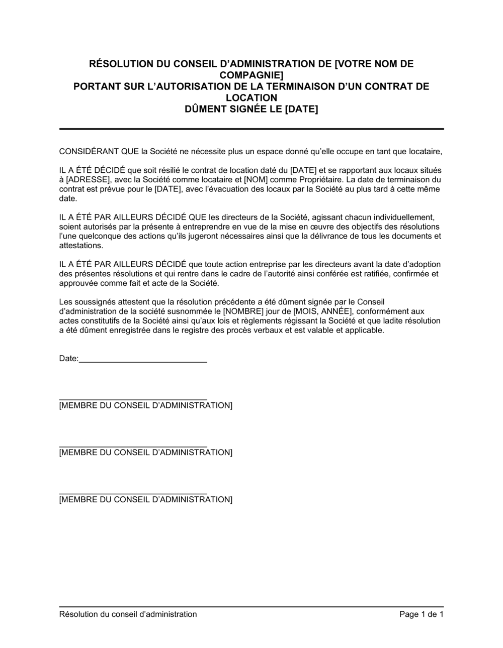 Business-in-a-Box's Résolution du CA portant sur fin d'un contrat de location