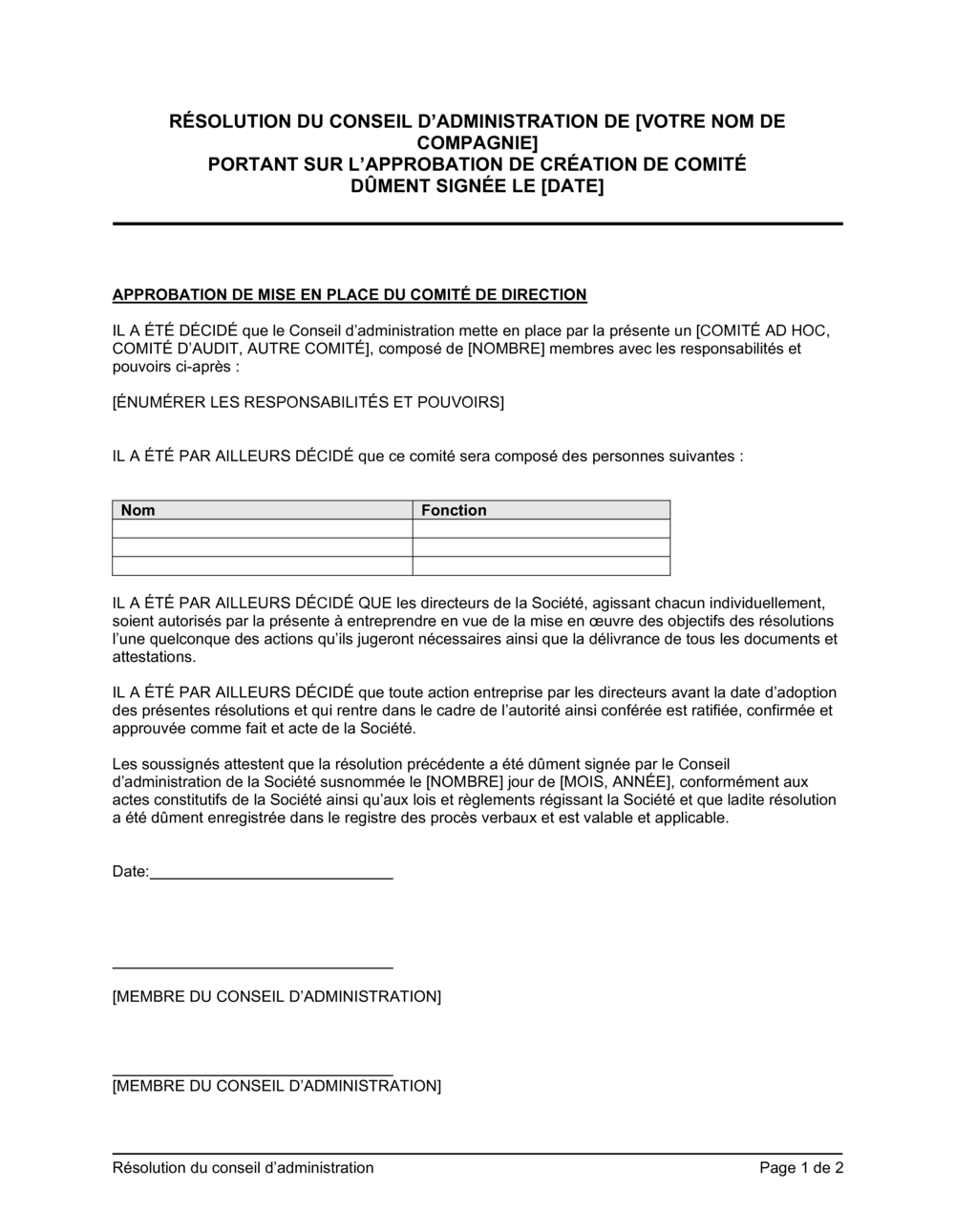 Business-in-a-Box's Résolution du CA portant sur la création de comité