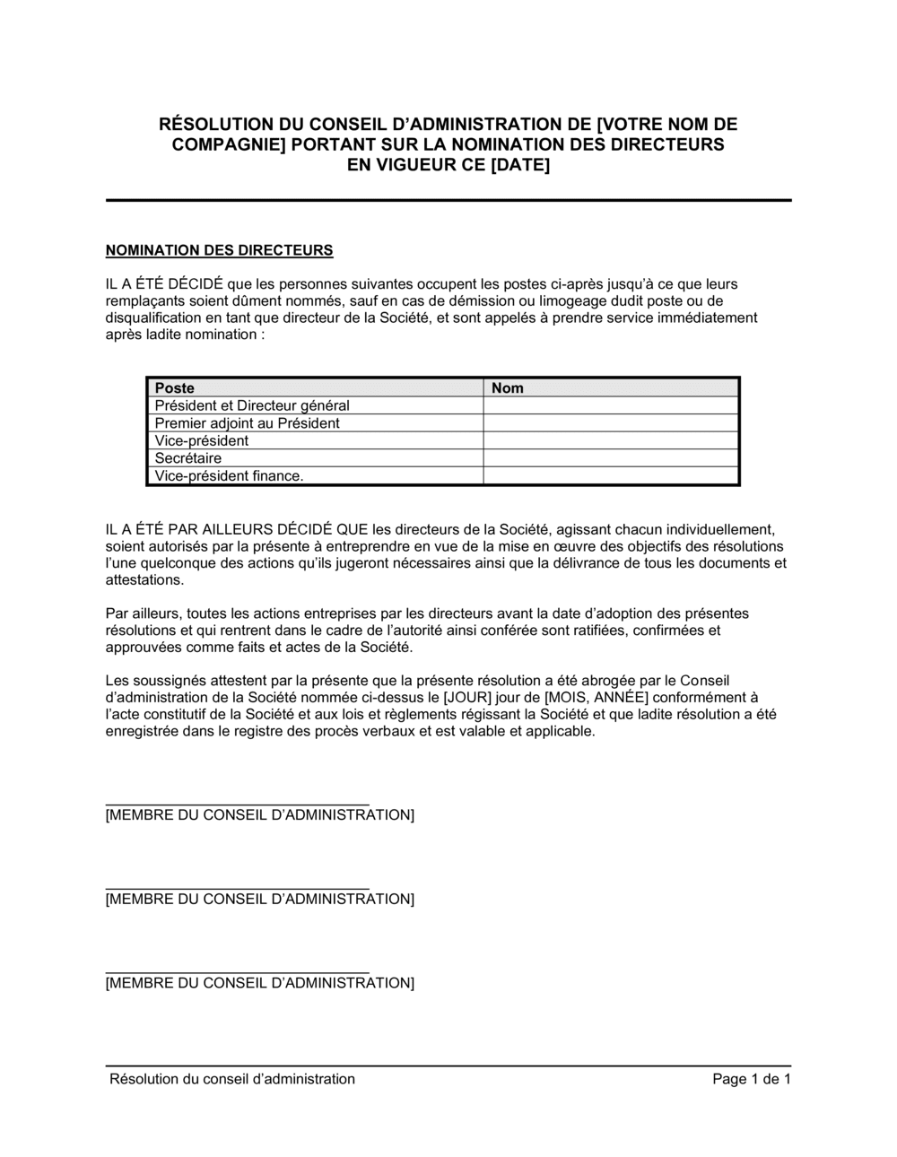 Business-in-a-Box's Résolution du CA portant sur la nomination de directeurs