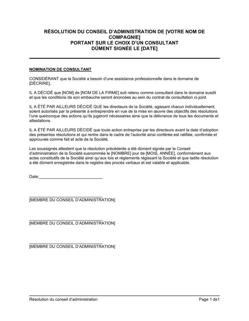 Business-in-a-Box's Résolution du CA portant sur le choix d'un consultant