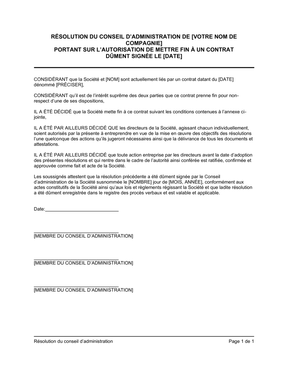 Business-in-a-Box's Résolution du CA sur l'autorisation de mettre fin à un contrat