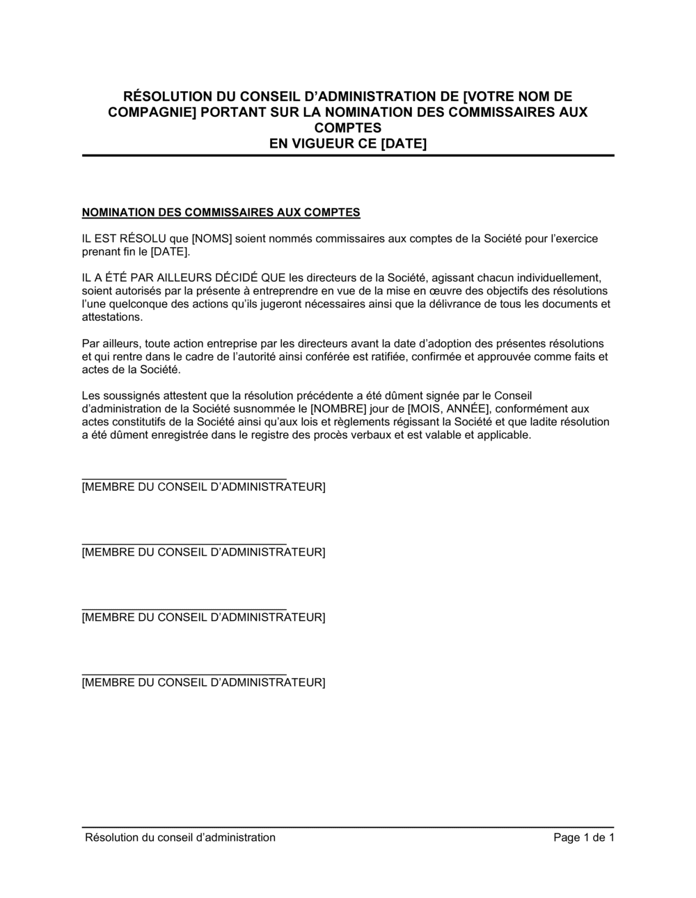 Business-in-a-Box's Résolution du CA sur la nomination de commissaires aux comptes