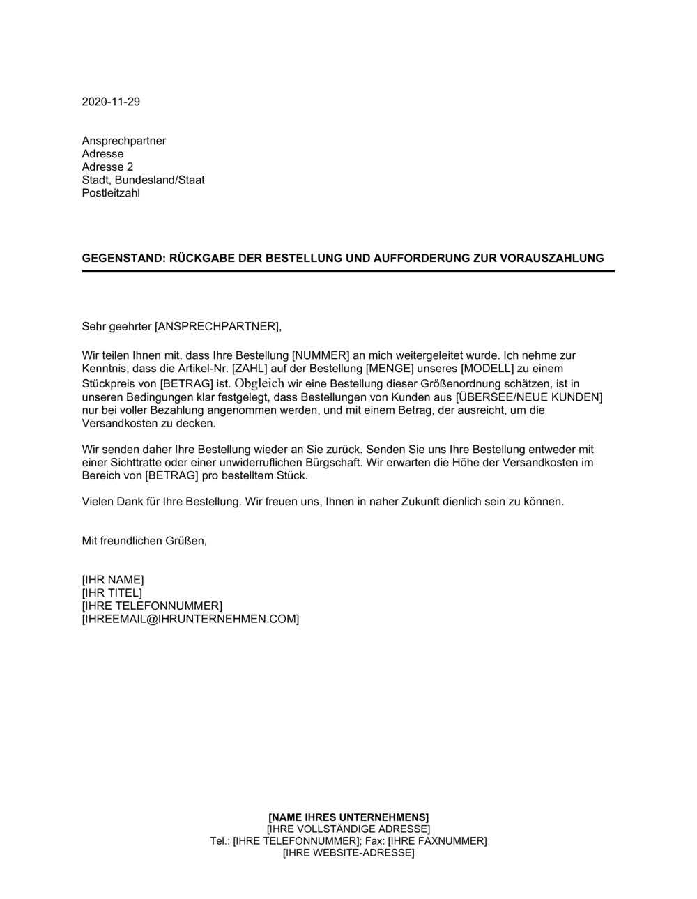 Business-in-a-Box's Rückgabe der Bestellung und Aufforderung zur  Vorauszahlung