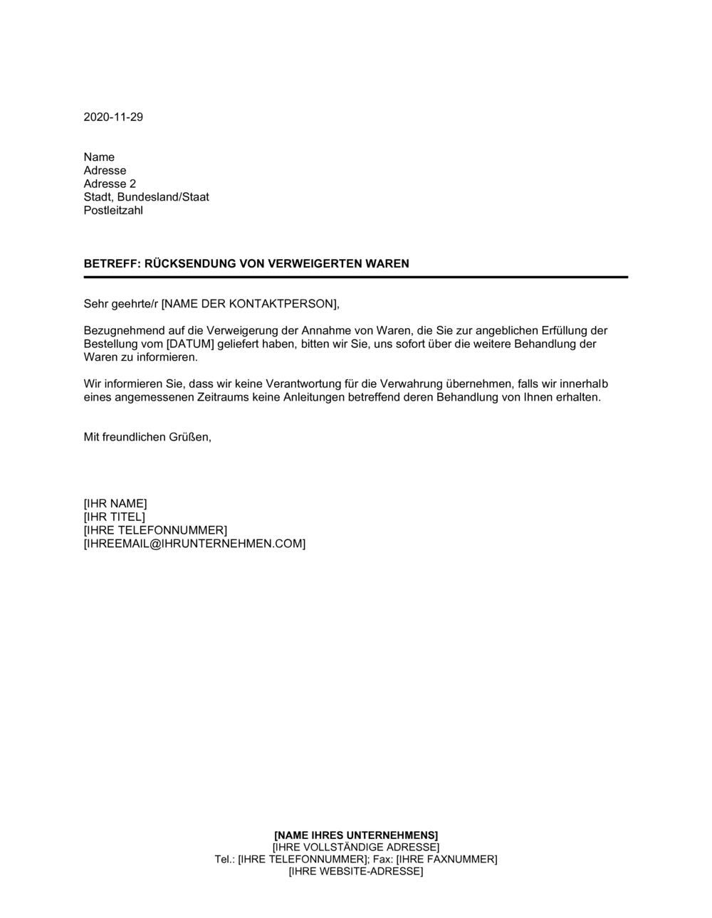 Business-in-a-Box's Rücksendung von verweigerten Waren