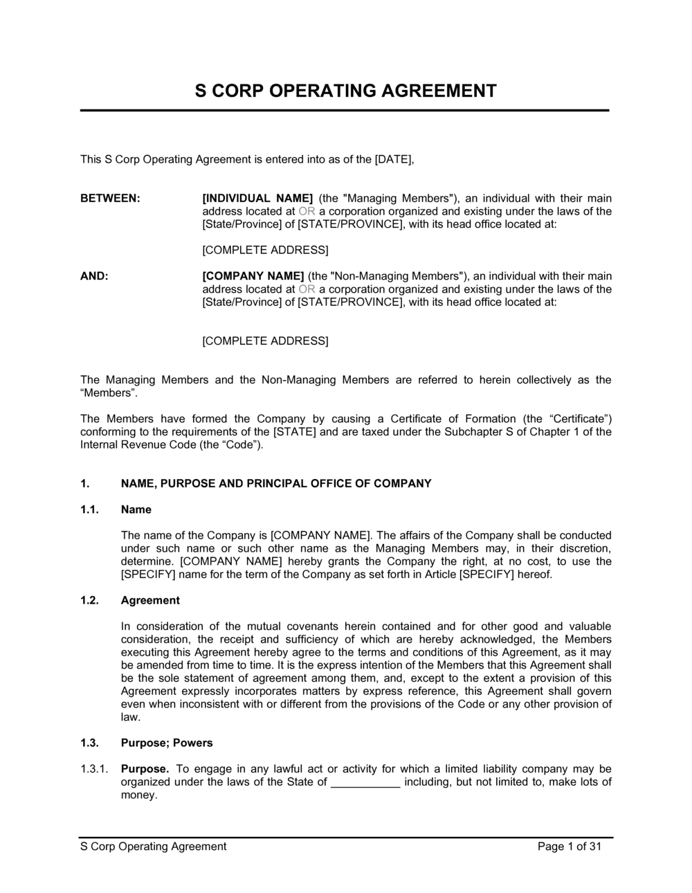 Free S Corp Operating Agreement Template