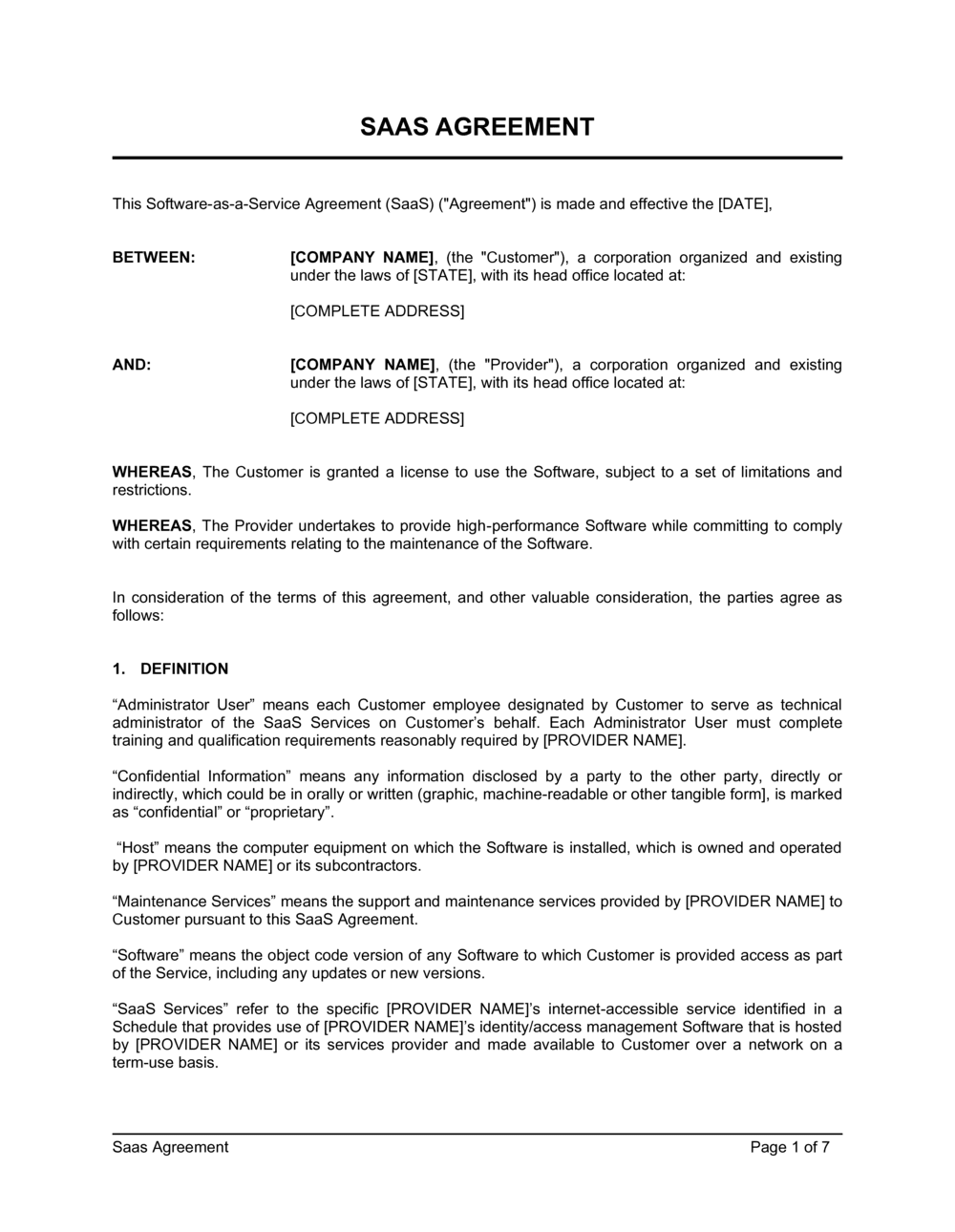 saas service level agreement template