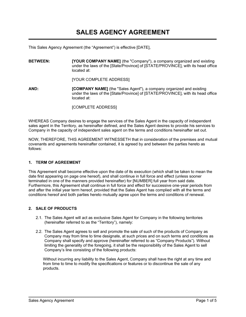 Sales Agency Agreement With Trademarks protection Template  by Intended For free advertising agency agreement template