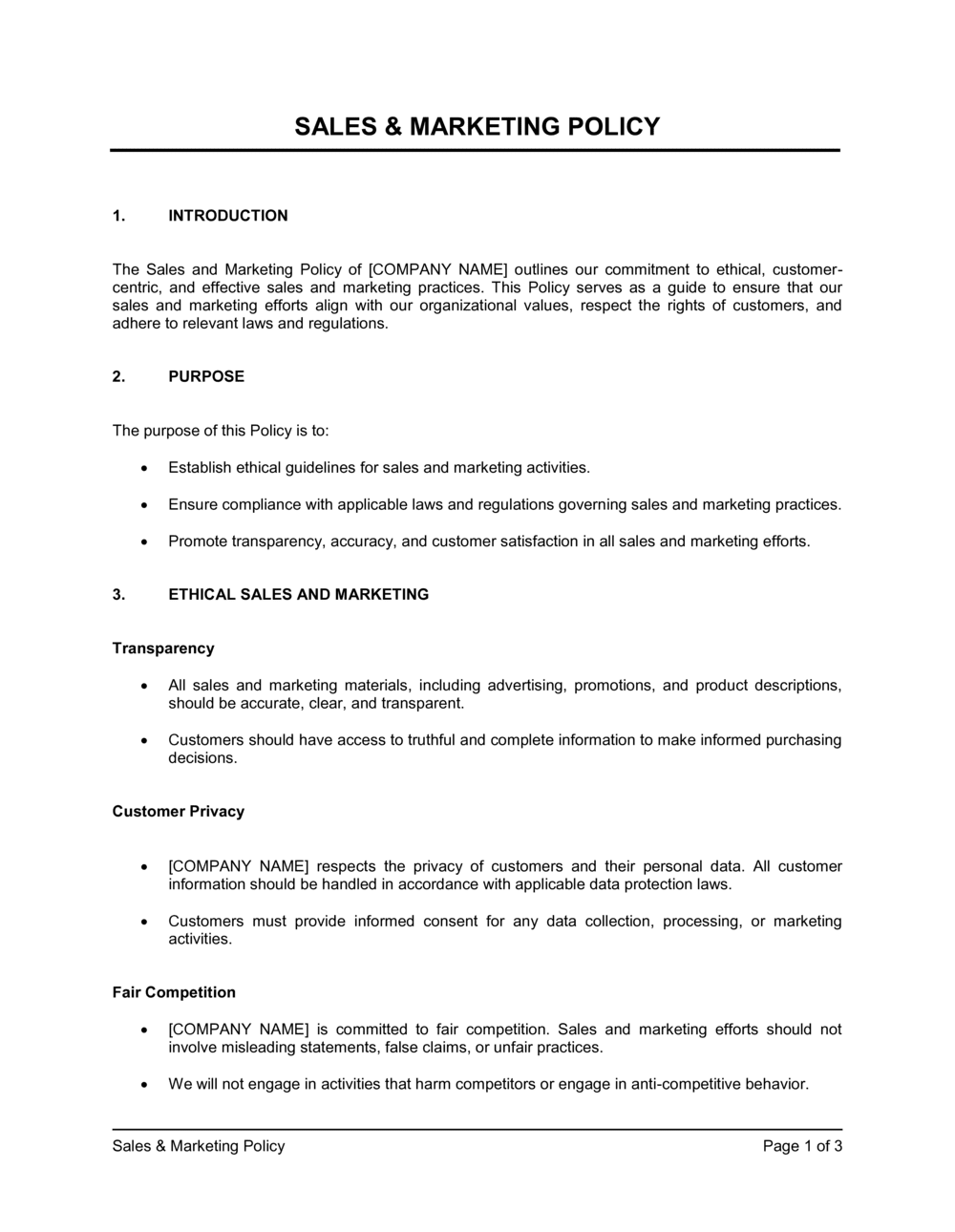 Sales And Marketing Policy Template