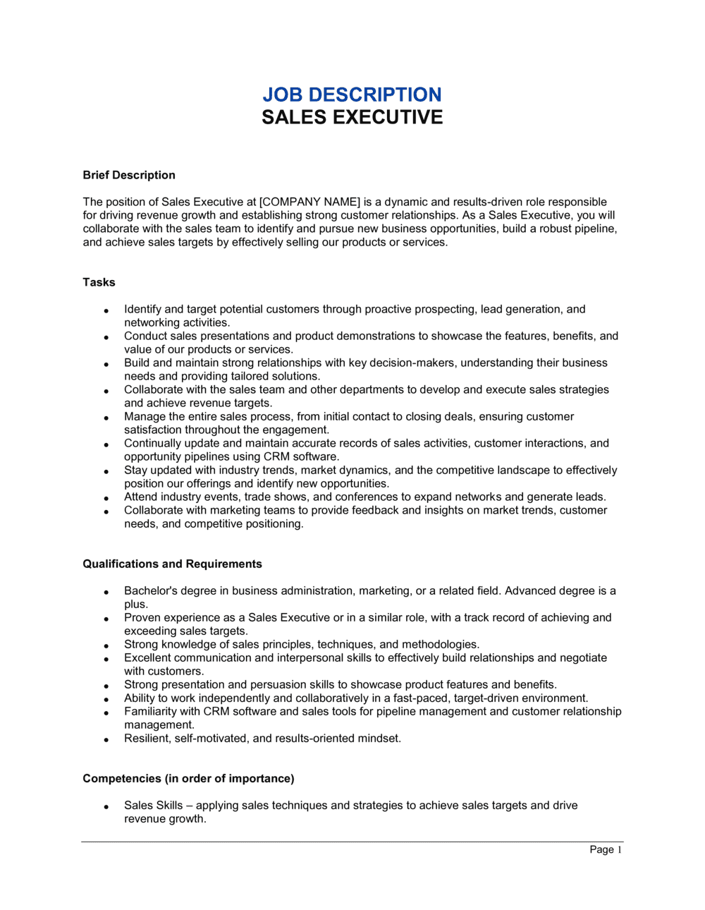 Business-in-a-Box's Sales Executive Job Description Template
