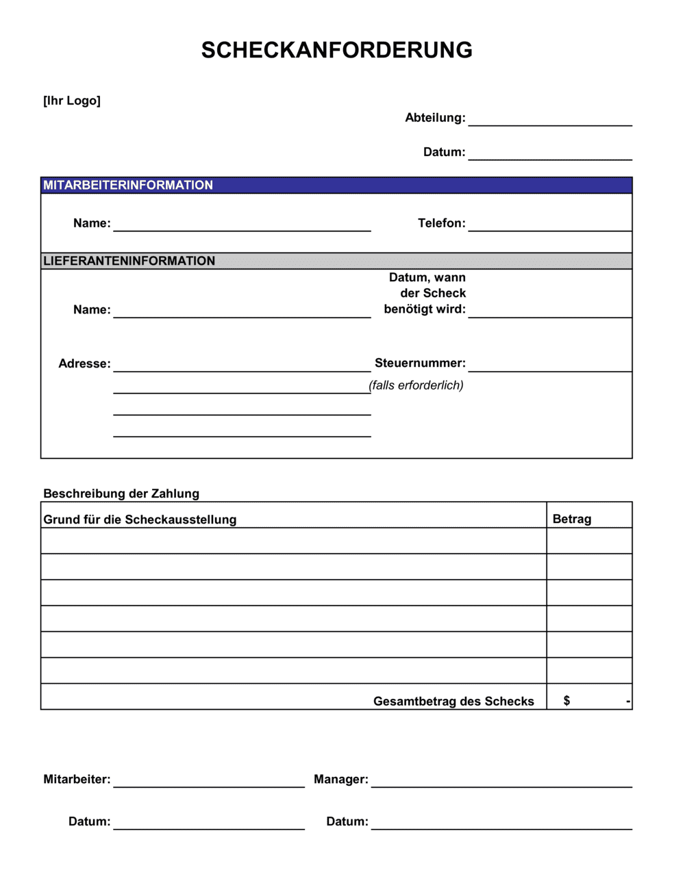 Business-in-a-Box's Scheckanforderung