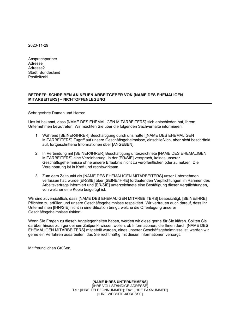 Business-in-a-Box's Schreiben an neuen Arbeitgeber von früherem Mitarbeiter -