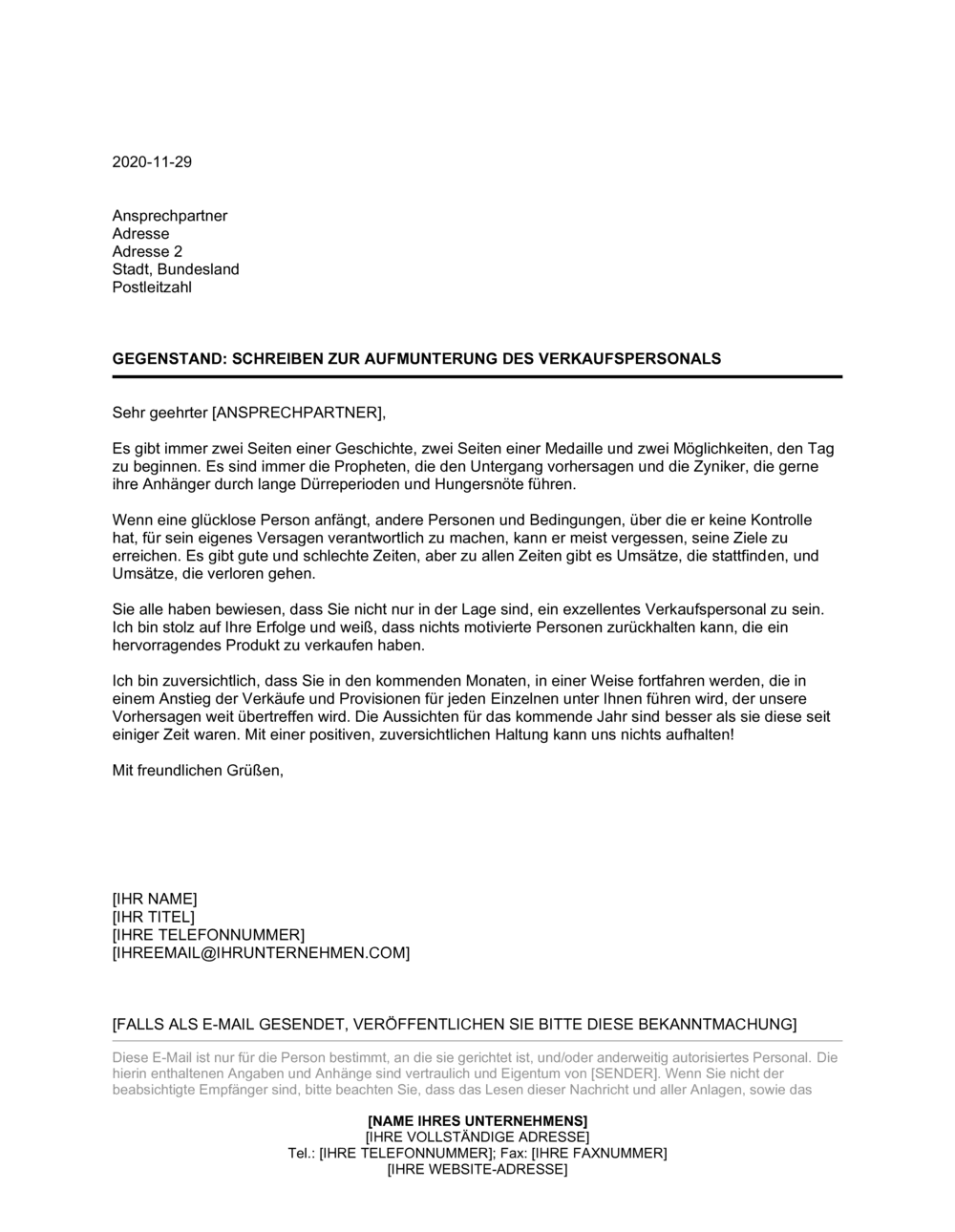 Business-in-a-Box's Schreiben zur Aufmunterung des Verkaufspersonals