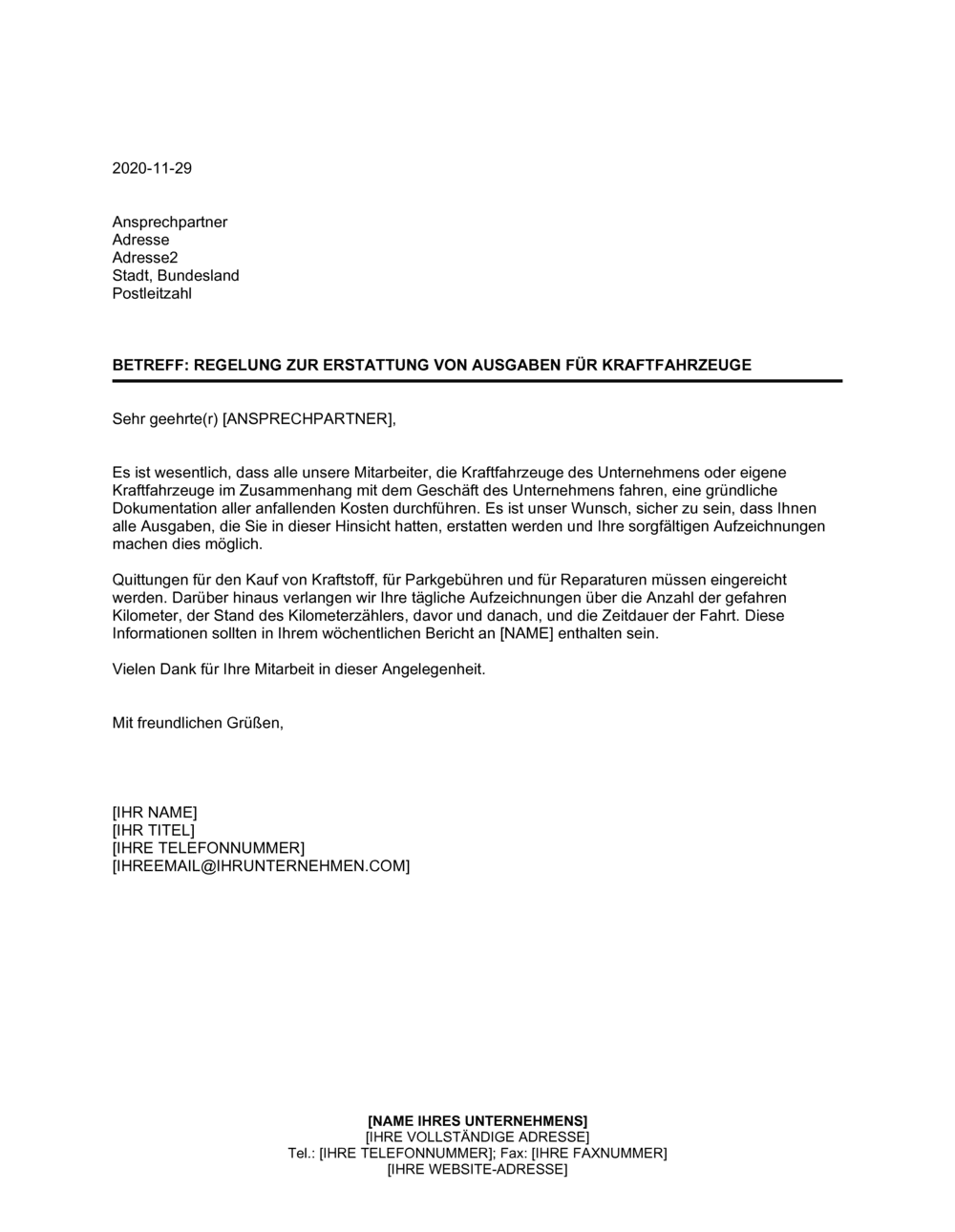 Business-in-a-Box's Schreiben über die Regelung der Erstattung von Ausgaben für Kraftfahrzeuge